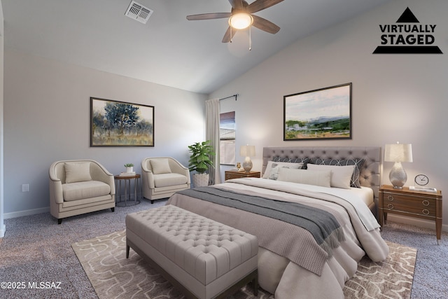 bedroom featuring ceiling fan, carpet, and lofted ceiling