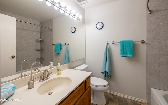 bathroom featuring visible vents, toilet, vanity, and baseboards
