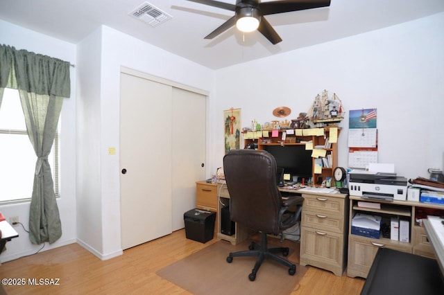 office area with light hardwood / wood-style floors and ceiling fan