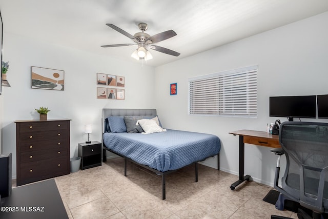 bedroom featuring ceiling fan and light tile patterned floors