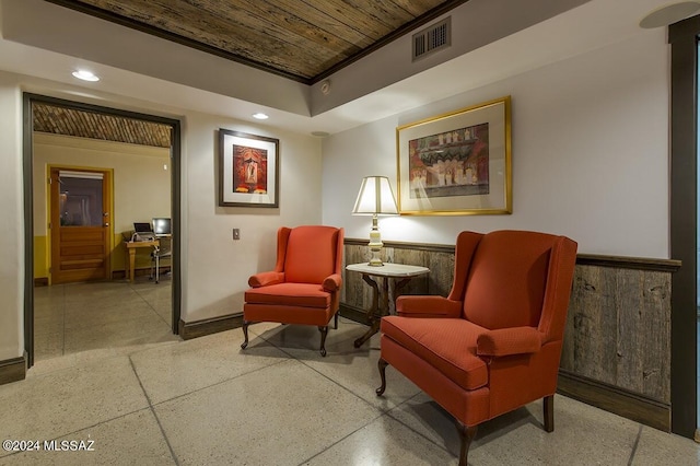 living area with wooden ceiling