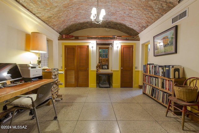 home office featuring brick ceiling and vaulted ceiling