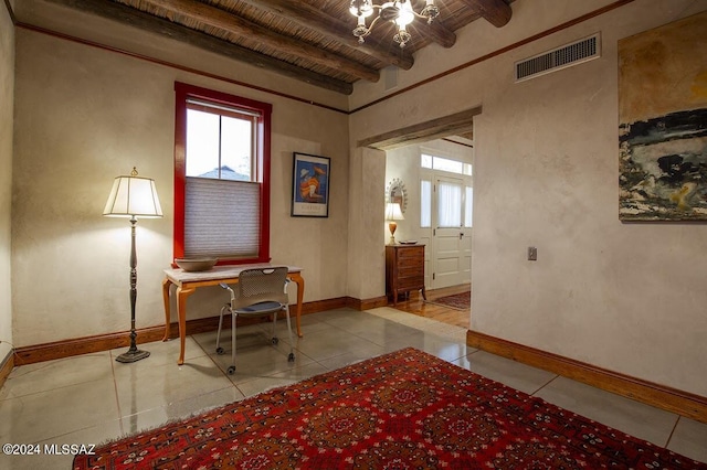 interior space with beam ceiling, light tile patterned floors, and wood ceiling