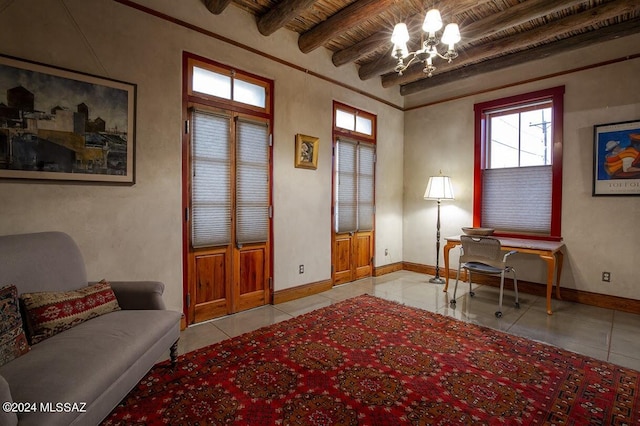 office space featuring a notable chandelier, beam ceiling, wooden ceiling, and light tile patterned floors