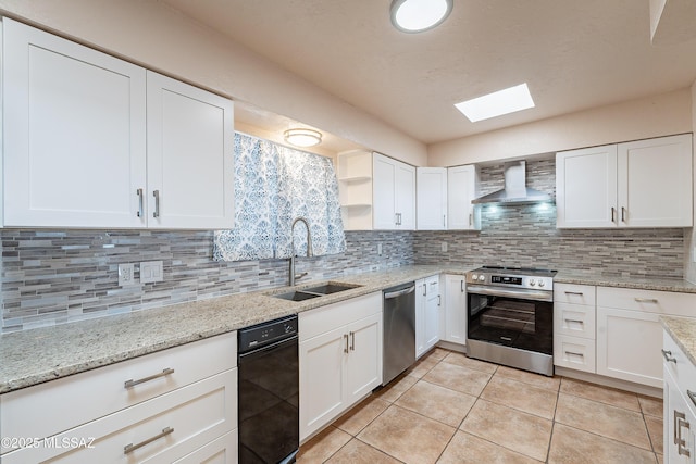 kitchen featuring a skylight, sink, stainless steel appliances, backsplash, and white cabinets