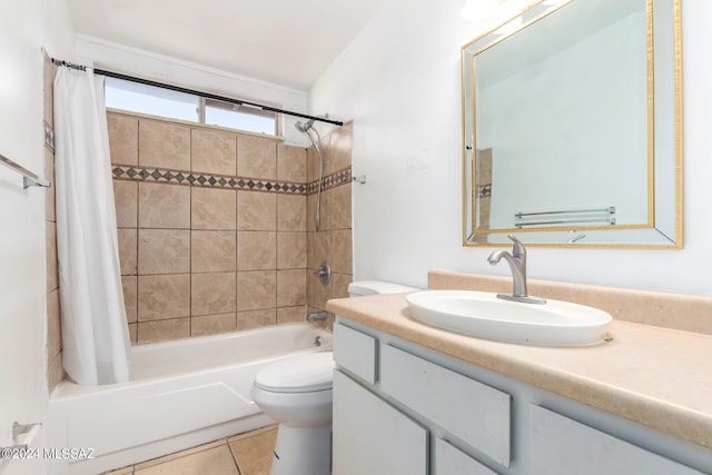 full bathroom with shower / bathtub combination with curtain, vanity, toilet, and tile patterned floors