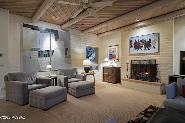 carpeted living room featuring wood ceiling, ceiling fan, and beamed ceiling