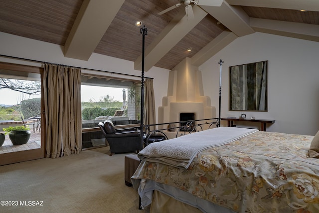 carpeted bedroom with access to exterior, wood ceiling, and lofted ceiling with beams