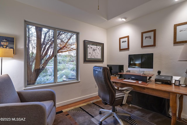 office space with wood-type flooring