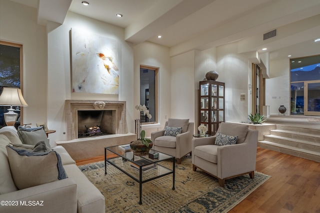 living room featuring a fireplace and wood-type flooring