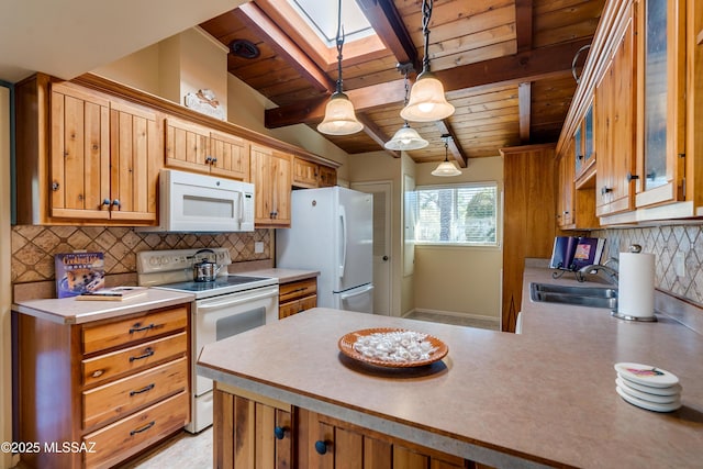 kitchen featuring sink, wood ceiling, hanging light fixtures, white appliances, and decorative backsplash