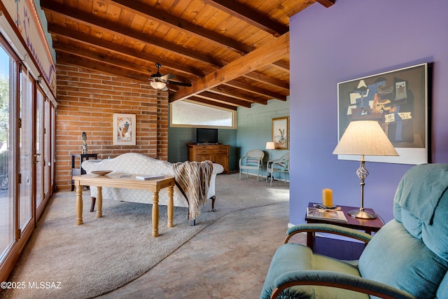 living room with lofted ceiling with beams and wooden ceiling