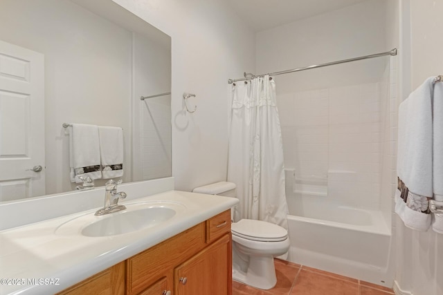 full bathroom with toilet, tile patterned floors, vanity, and shower / bath combo with shower curtain