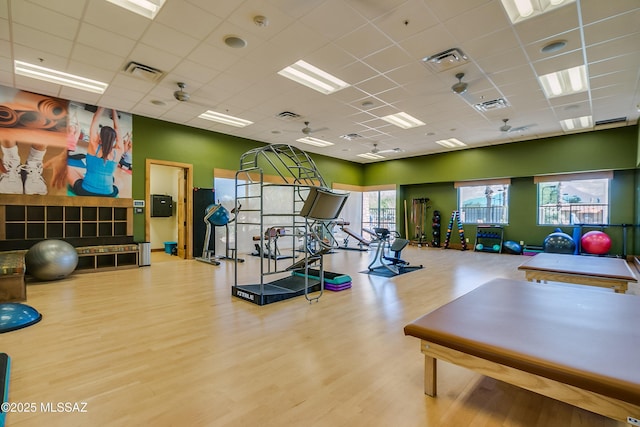 gym featuring hardwood / wood-style flooring and a paneled ceiling