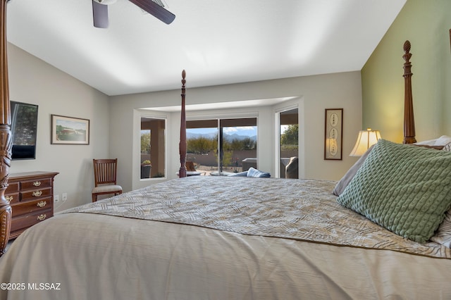 bedroom with ceiling fan, access to exterior, and vaulted ceiling