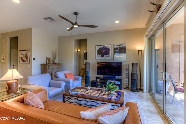 living room featuring ceiling fan