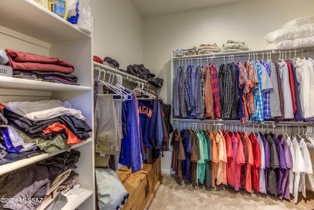 walk in closet with light carpet