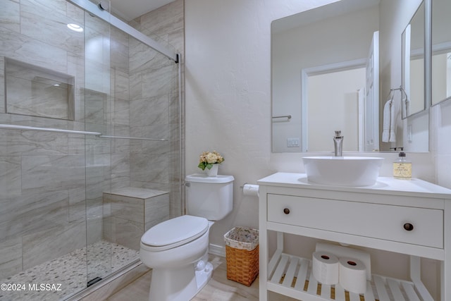 bathroom with vanity, toilet, and a stall shower