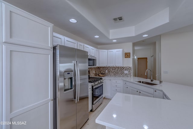 kitchen with tasteful backsplash, visible vents, stainless steel appliances, a raised ceiling, and a sink