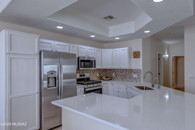 kitchen featuring visible vents, a sink, appliances with stainless steel finishes, a peninsula, and a raised ceiling