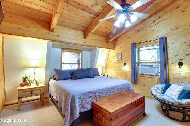 bedroom featuring ceiling fan, wooden ceiling, multiple windows, and wood walls