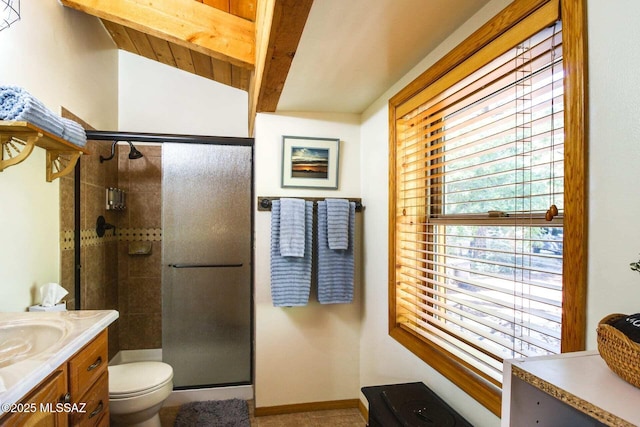 bathroom featuring toilet, vanity, wood ceiling, and a shower with door