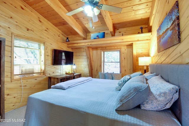 bedroom with ceiling fan, wood ceiling, beamed ceiling, and wooden walls