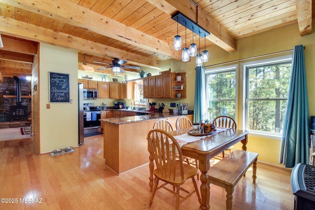 dining room featuring light wood-type flooring, wooden ceiling, a wood stove, and plenty of natural light