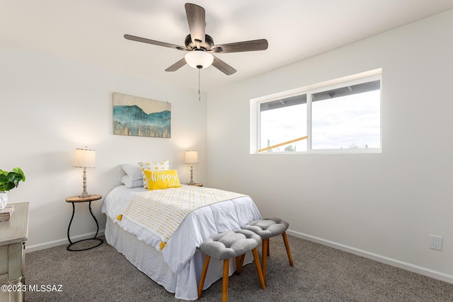 bedroom featuring ceiling fan and carpet floors