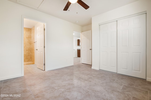 unfurnished bedroom featuring ceiling fan and a closet