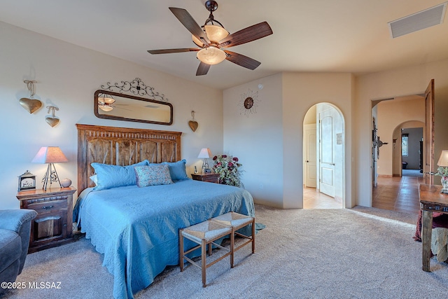 carpeted bedroom featuring ceiling fan