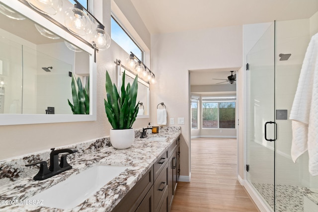 bathroom featuring hardwood / wood-style flooring, vanity, and an enclosed shower