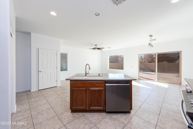 kitchen with light tile patterned floors, visible vents, a sink, light countertops, and dishwasher