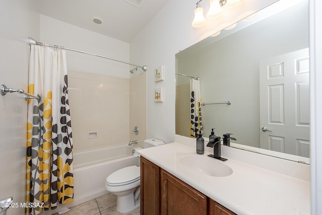 full bathroom with toilet, tile patterned flooring, shower / bath combination with curtain, and vanity