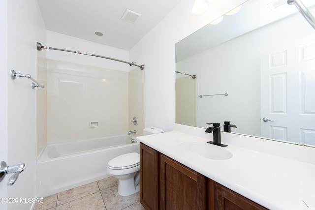 full bathroom with vanity, visible vents, shower / bathing tub combination, tile patterned floors, and toilet