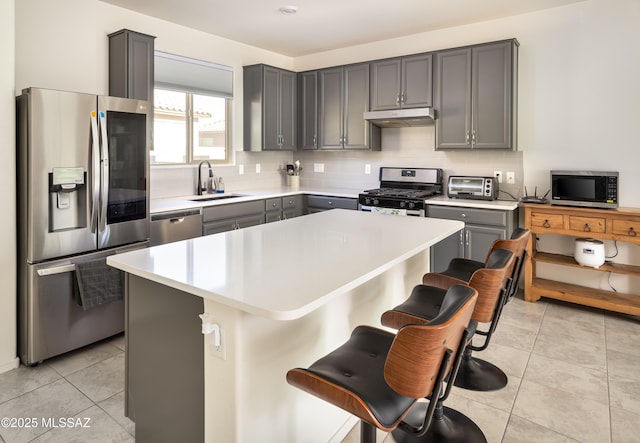 kitchen with a kitchen bar, sink, tasteful backsplash, a kitchen island, and stainless steel appliances