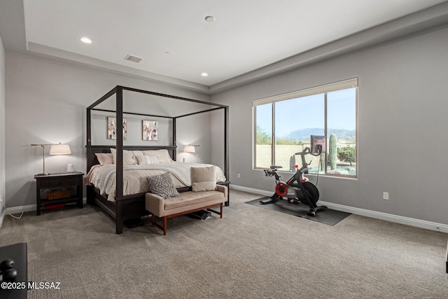 carpeted bedroom featuring a mountain view