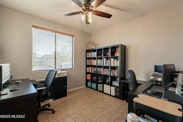 tiled office space with ceiling fan