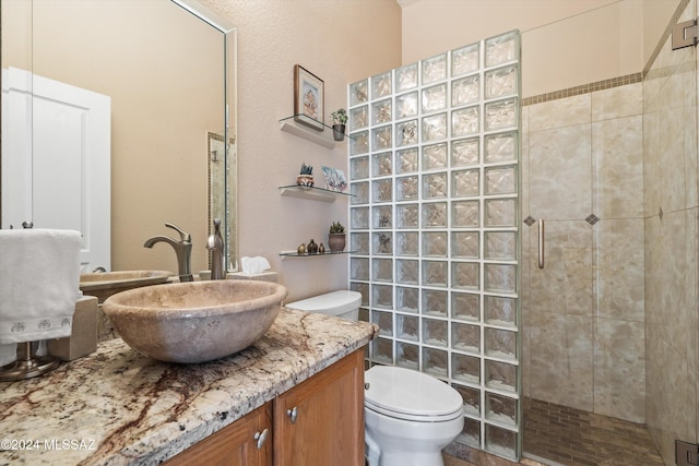 bathroom with toilet, vanity, and tiled shower