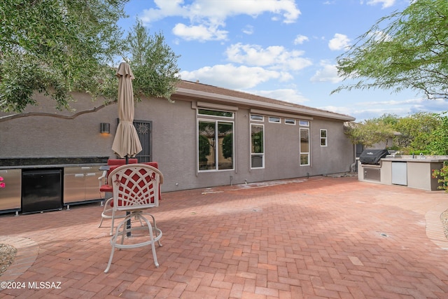 rear view of house featuring sink, exterior kitchen, and a patio