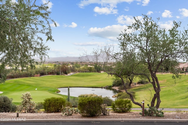 view of home's community with a water view and a yard