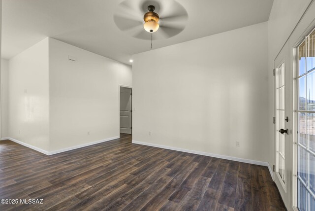 unfurnished bedroom featuring dark wood-type flooring, ceiling fan, and a closet