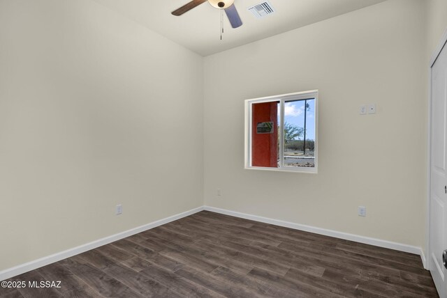 unfurnished bedroom featuring a closet, ceiling fan, and dark hardwood / wood-style floors