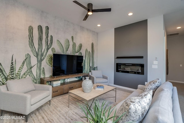 living room featuring ceiling fan