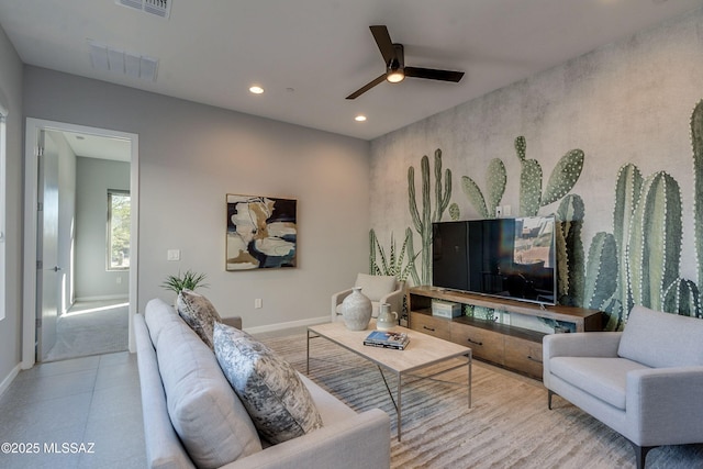 living room with ceiling fan