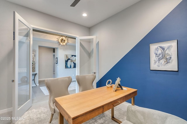 office featuring french doors and ceiling fan