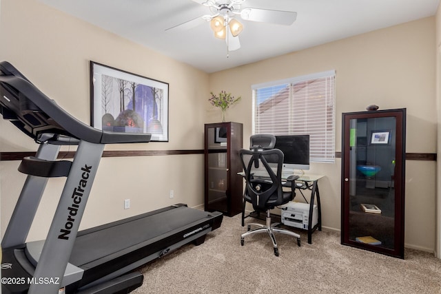 office featuring light colored carpet and ceiling fan