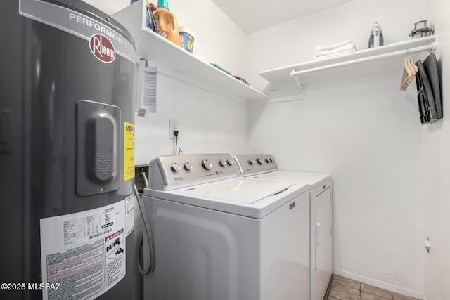 laundry room with separate washer and dryer, electric water heater, and light tile patterned floors