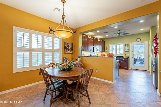 dining area featuring visible vents, baseboards, ceiling fan, light tile patterned floors, and recessed lighting