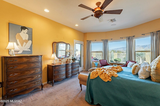 bedroom featuring recessed lighting, visible vents, ceiling fan, and carpet flooring